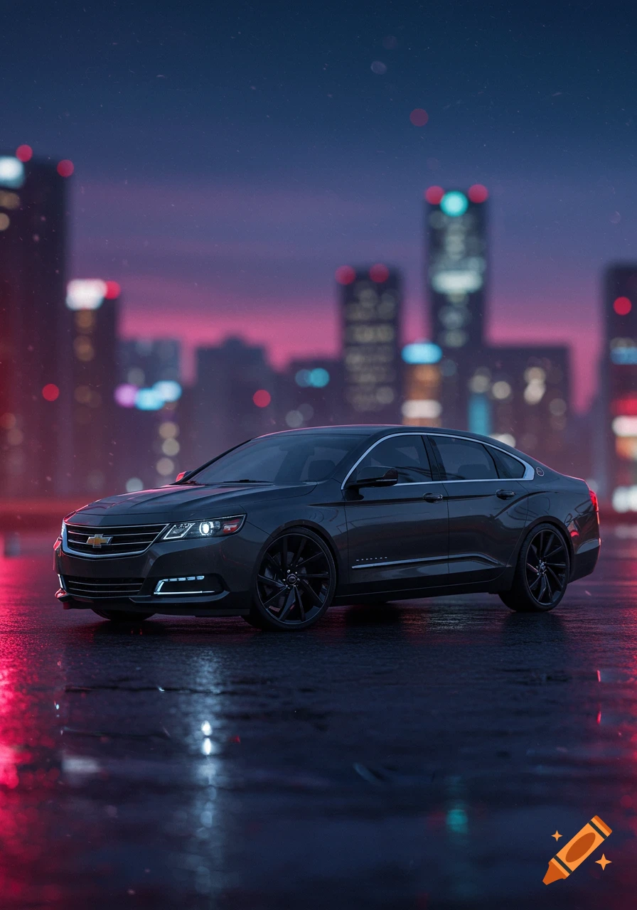 A dark grey Chevrolet Impala parked on a wet street at night, with a blurry city skyline reflecting neon lights in the background.