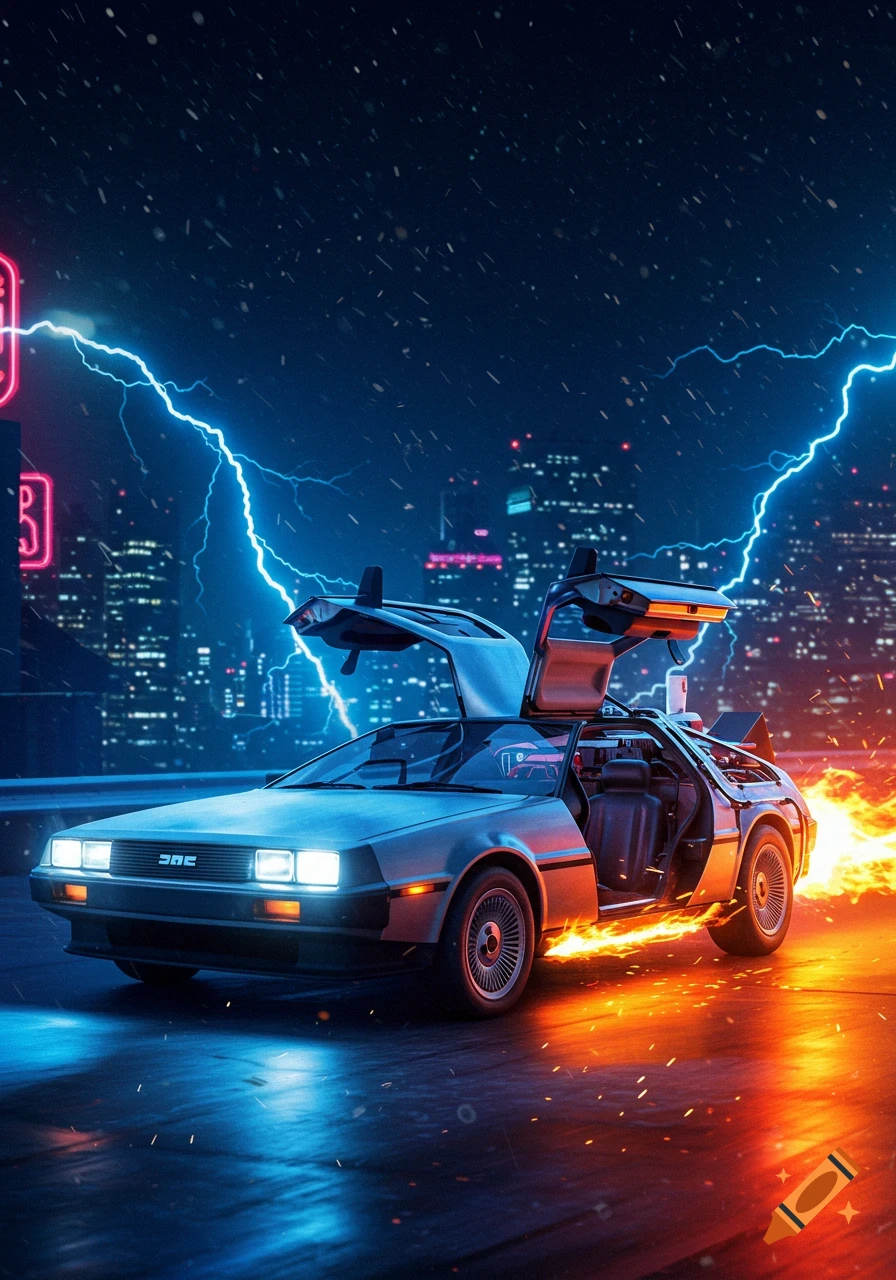 A futuristic DeLorean car with gull-wing doors open, glowing against a neon night city with lightning and fire.