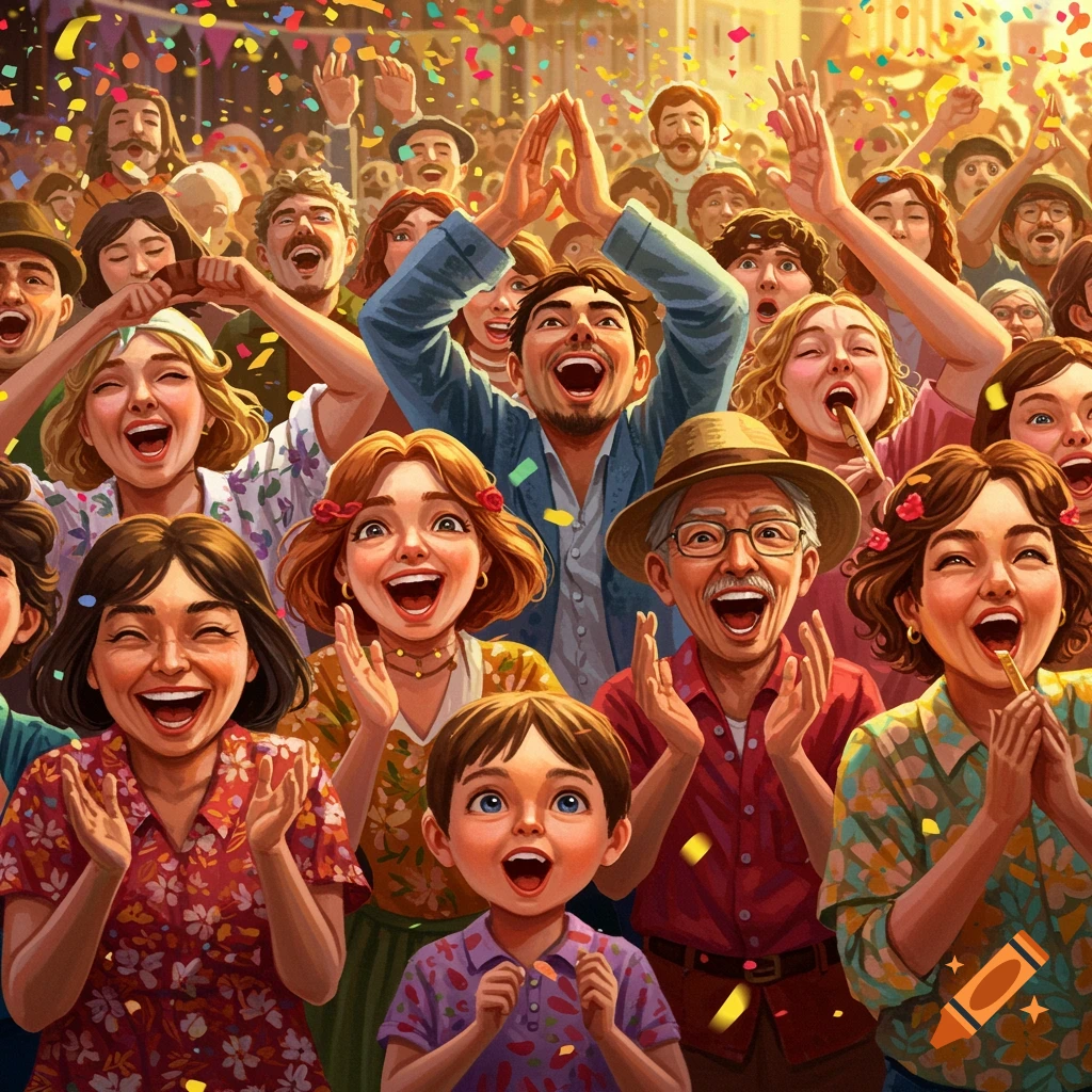 A vibrant, stylized illustration of a diverse, happy crowd cheering and clapping with confetti falling around them.