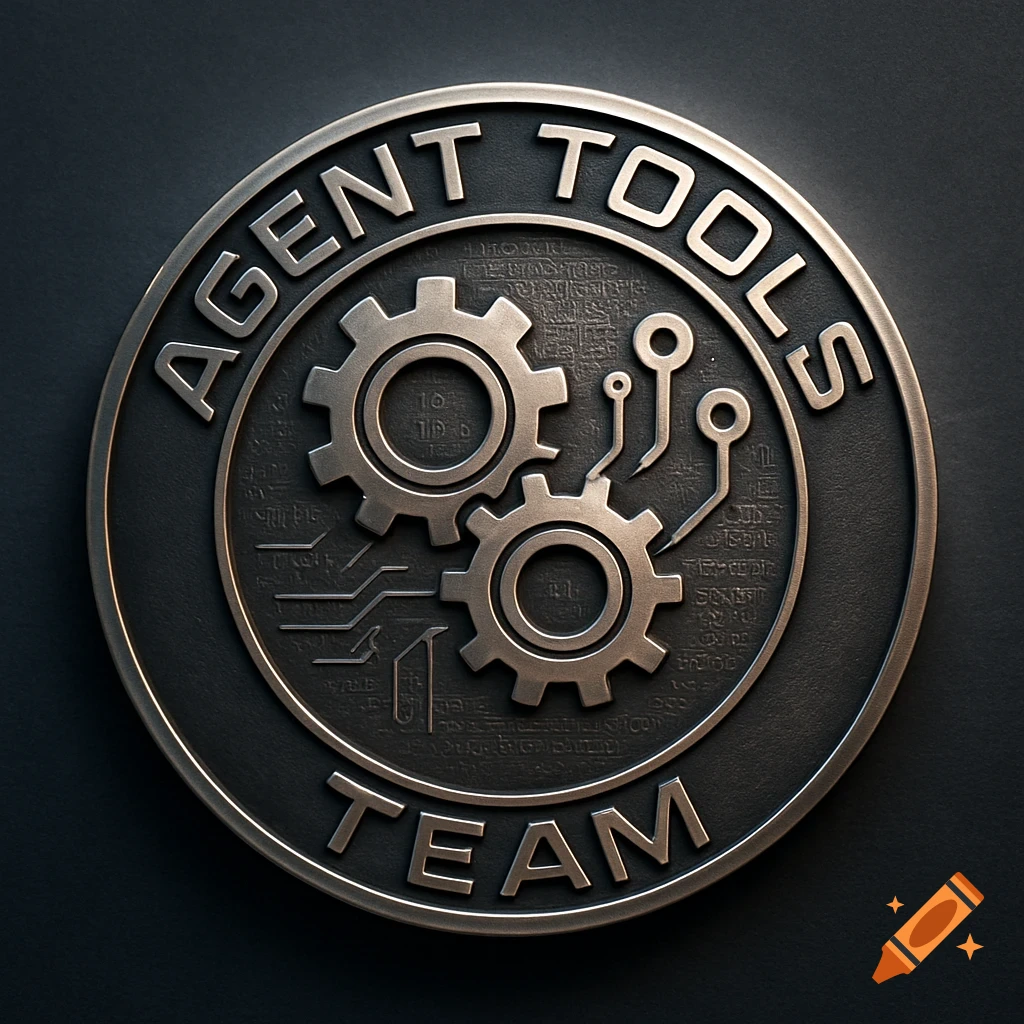 Photorealistic metallic challenge coin with 'AGENT TOOLS TEAM' text, gears, and circuit board patterns.