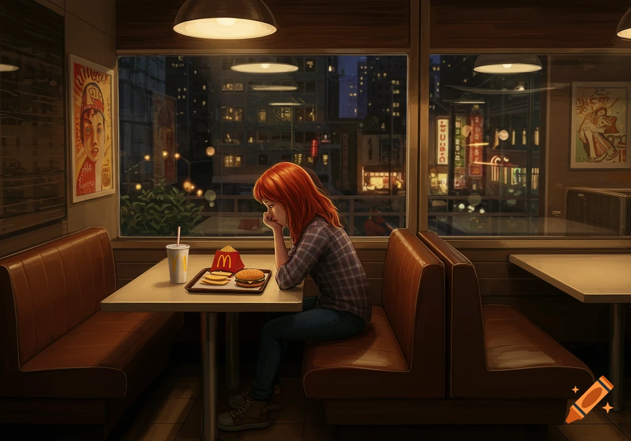 A sad, red-haired girl sits alone at a McDonald's table at night, city lights visible outside, in an anime art style.