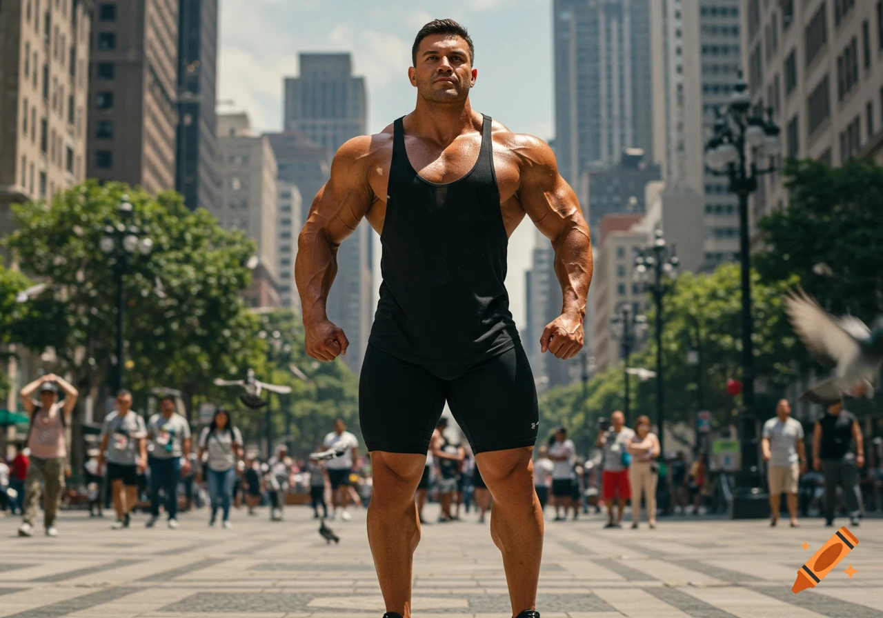 A very muscular man in a black tank top and shorts stands confidently on a city street with tall buildings in the background.