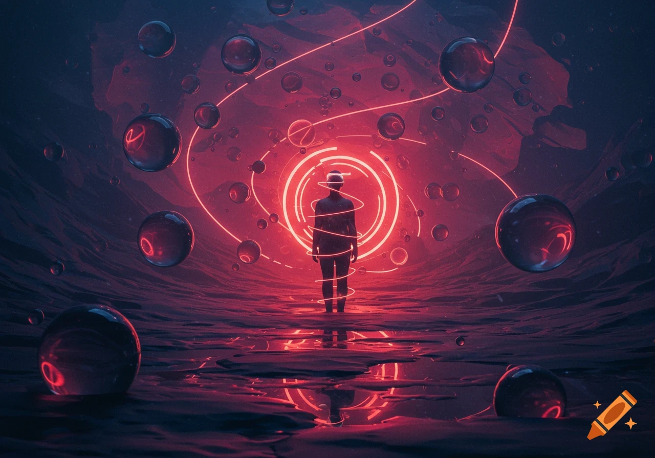 A person in a VR headset stands in a dark, red-lit digital landscape with glowing lines and floating orbs.