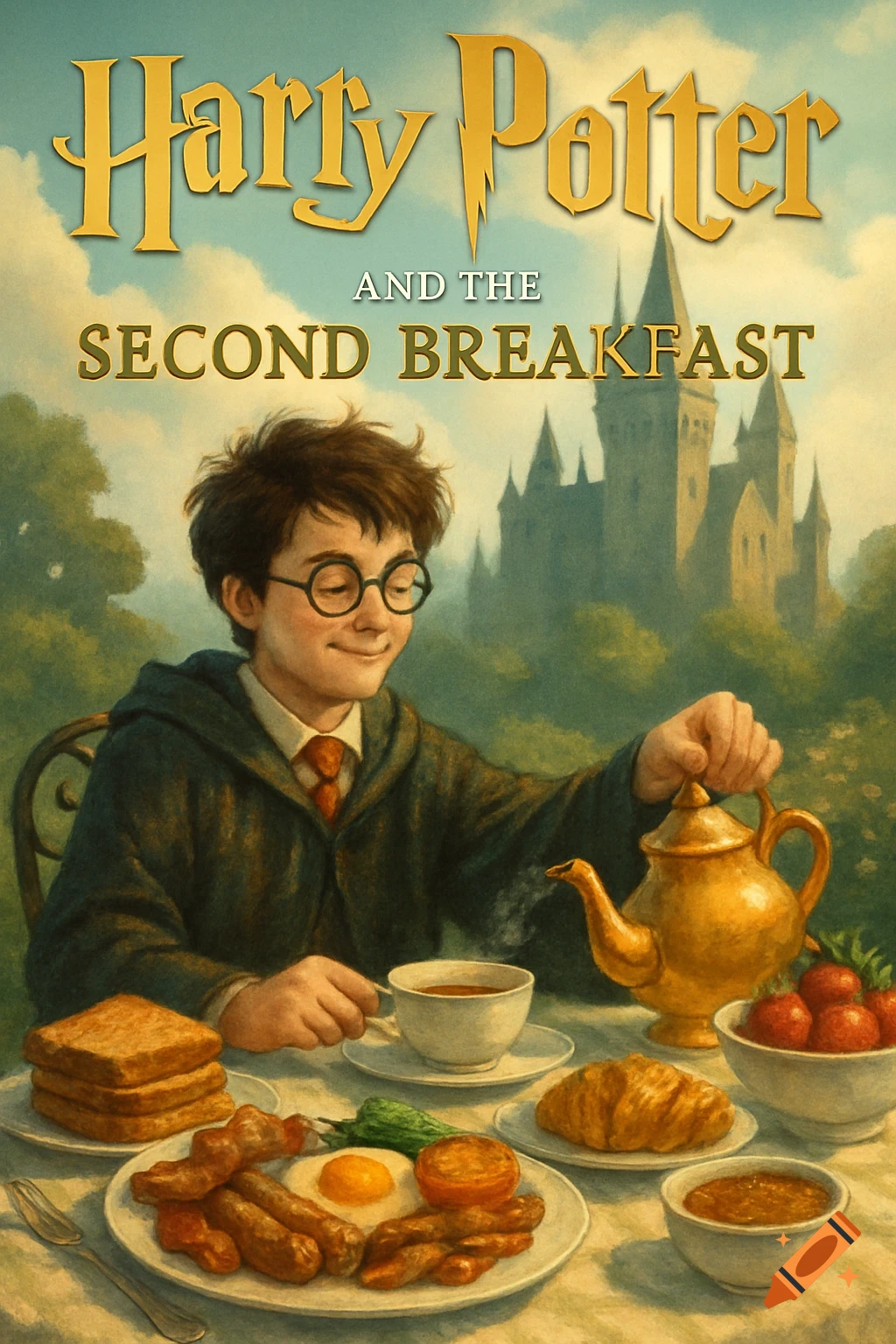 Illustration of Harry Potter smiling, sitting outdoors with a large breakfast, Hogwarts in the background, stylized as a book cover.