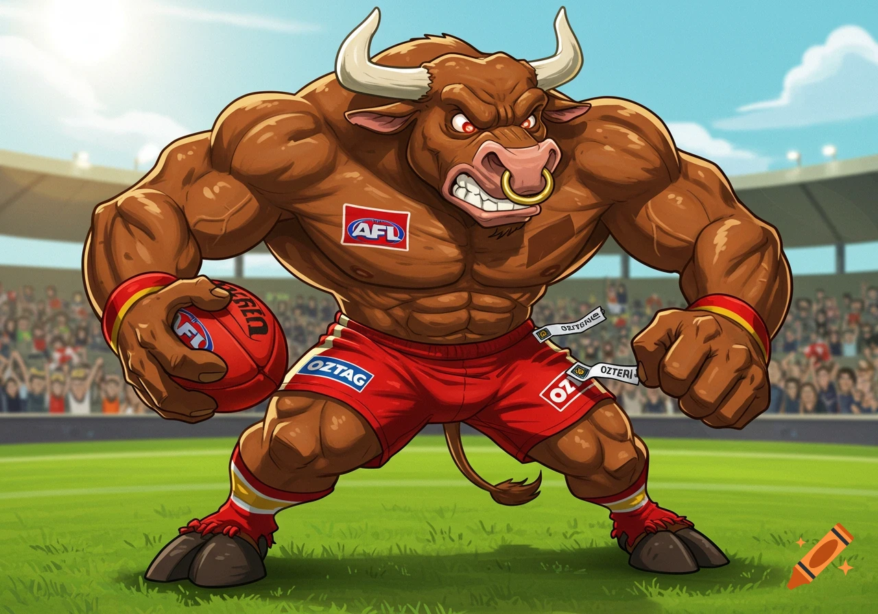 An angry, muscular cartoon bull wearing red Oztag shorts and an AFL logo, holding an AFL football in a stadium.