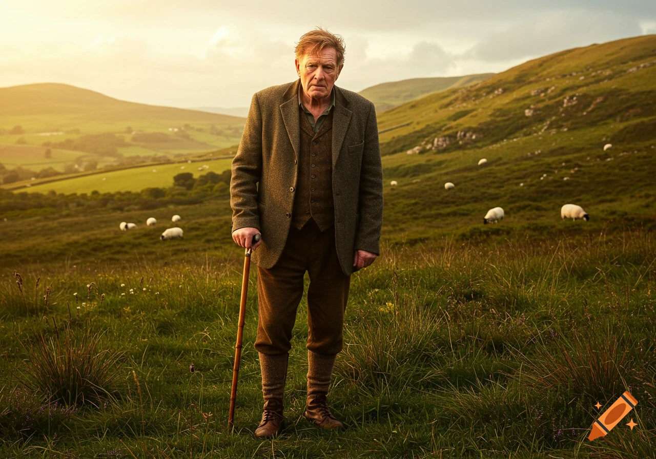 An elderly man with a cane stands in a sunny, green, hilly field with sheep grazing.