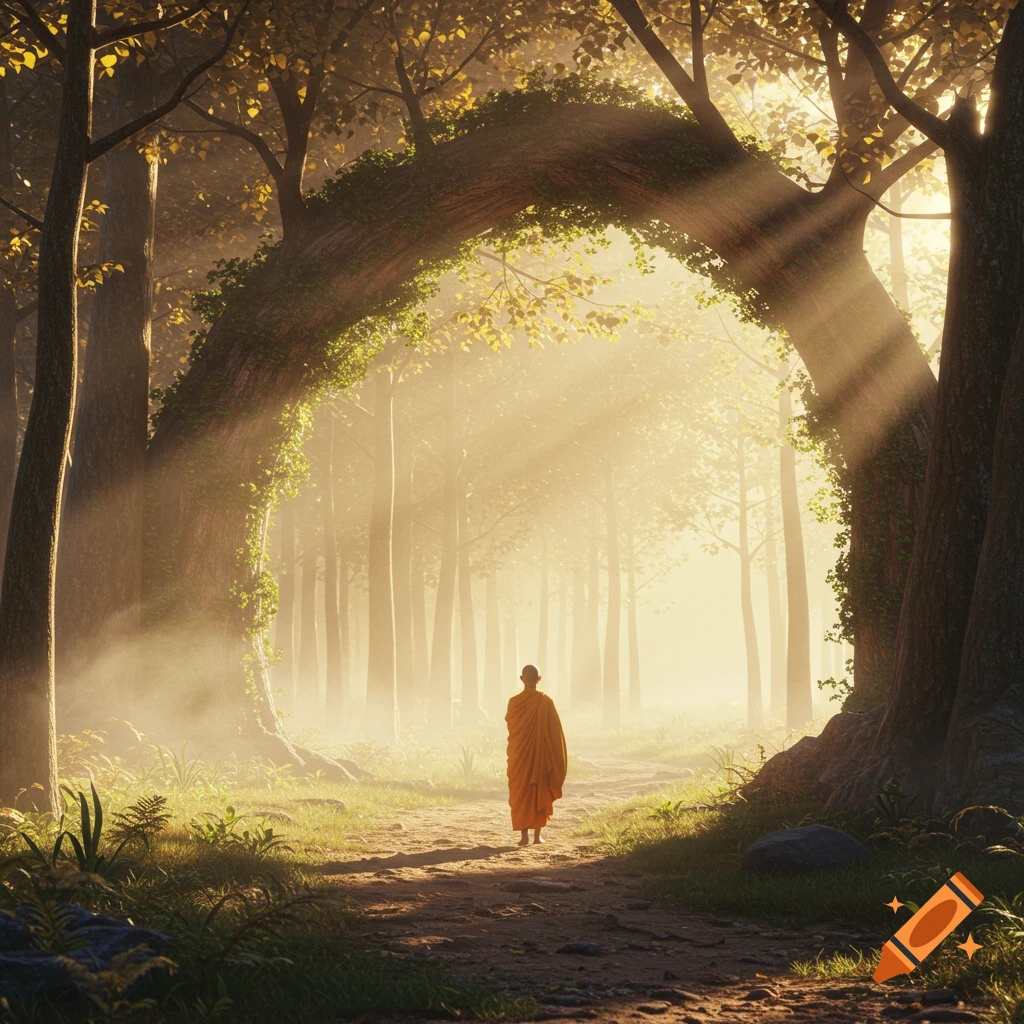A monk walks slowly on a hyper-realistic 3D forest trail bathed in golden sunlight and soft mist, passing under a natural arch of ancient trees.