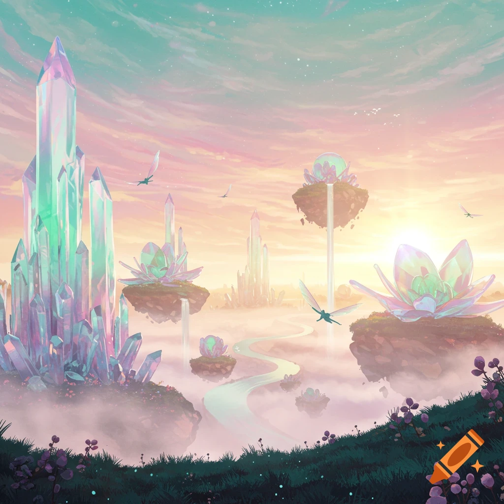 A vibrant, surreal fantasy landscape at sunset with tall crystal spires, floating islands, glowing lotus plants, waterfalls, and flying creatures.