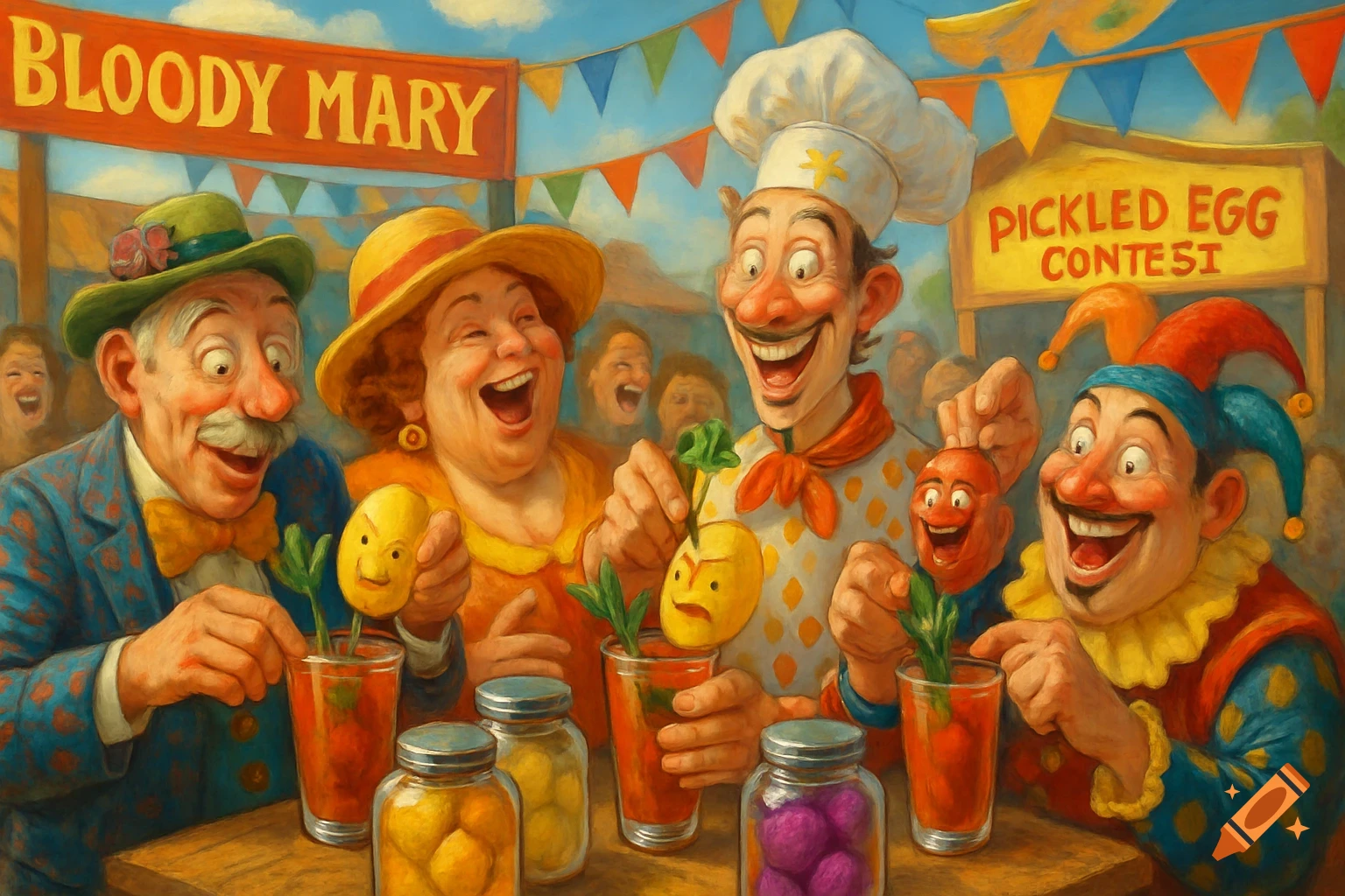 A colorful, cartoonish painting of cheerful people at a 'Bloody Mary Pickled Egg Contest,' holding drinks garnished with smiling pickled eggs.