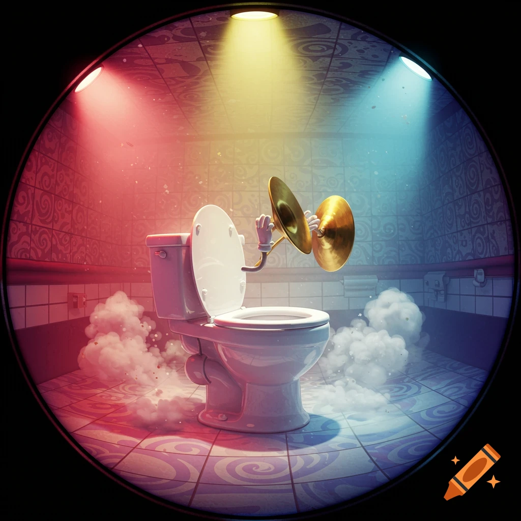 Cartoon toilet with arms playing cymbals on a brightly lit bathroom stage with smoke effects.