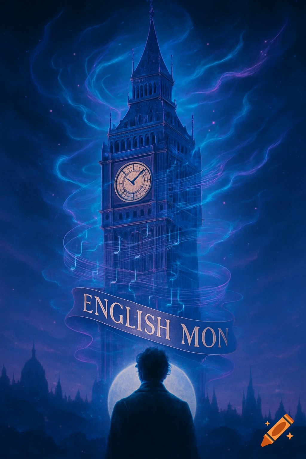 Magical illustration of Big Ben at night, surrounded by glowing blue energy, with a person below and a banner reading "ENGLISH MON".