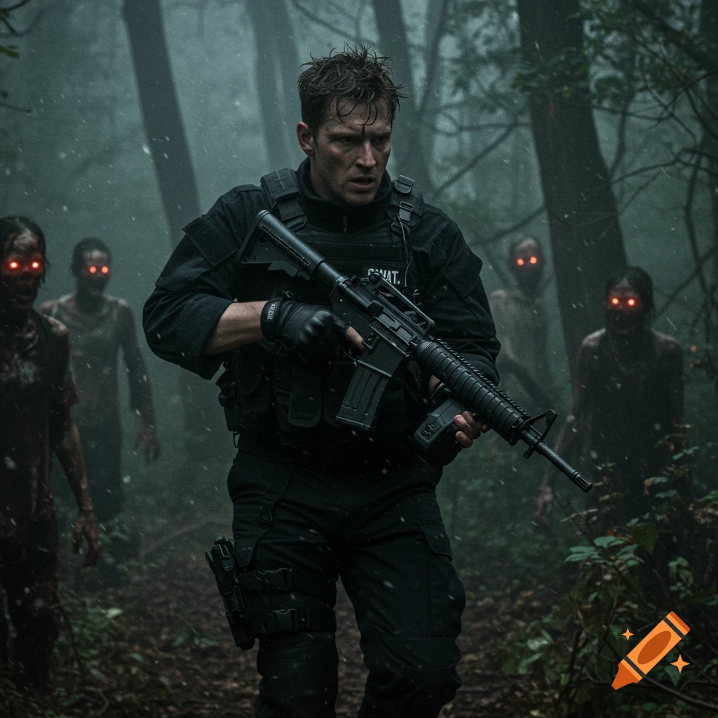 A man in tactical gear with a rifle walks through a misty forest, pursued by glowing red-eyed zombies in the background. Photorealistic style.