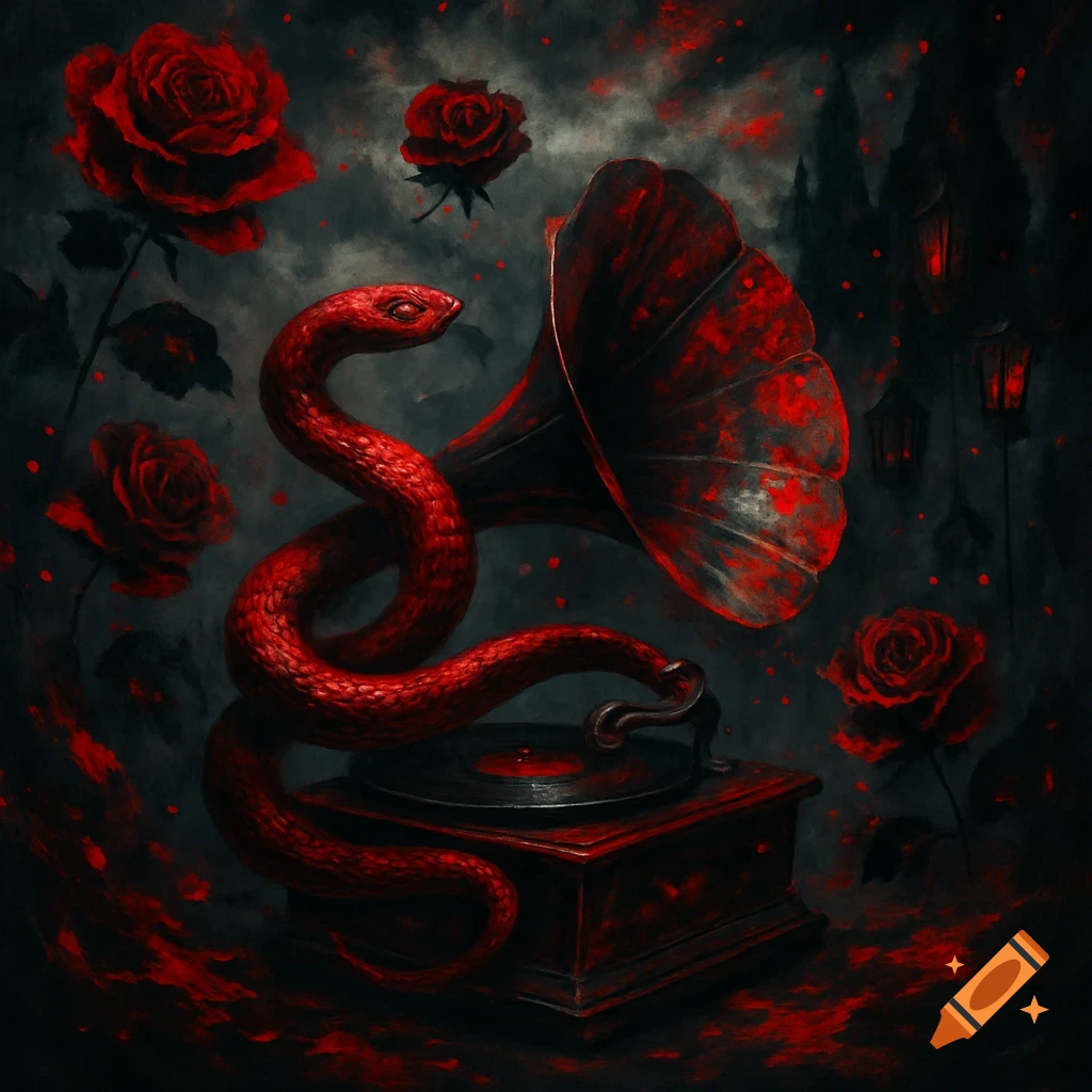 A stylized red snake wrapped around a dark gramophone with red roses and blood-like splatters against a gloomy background.