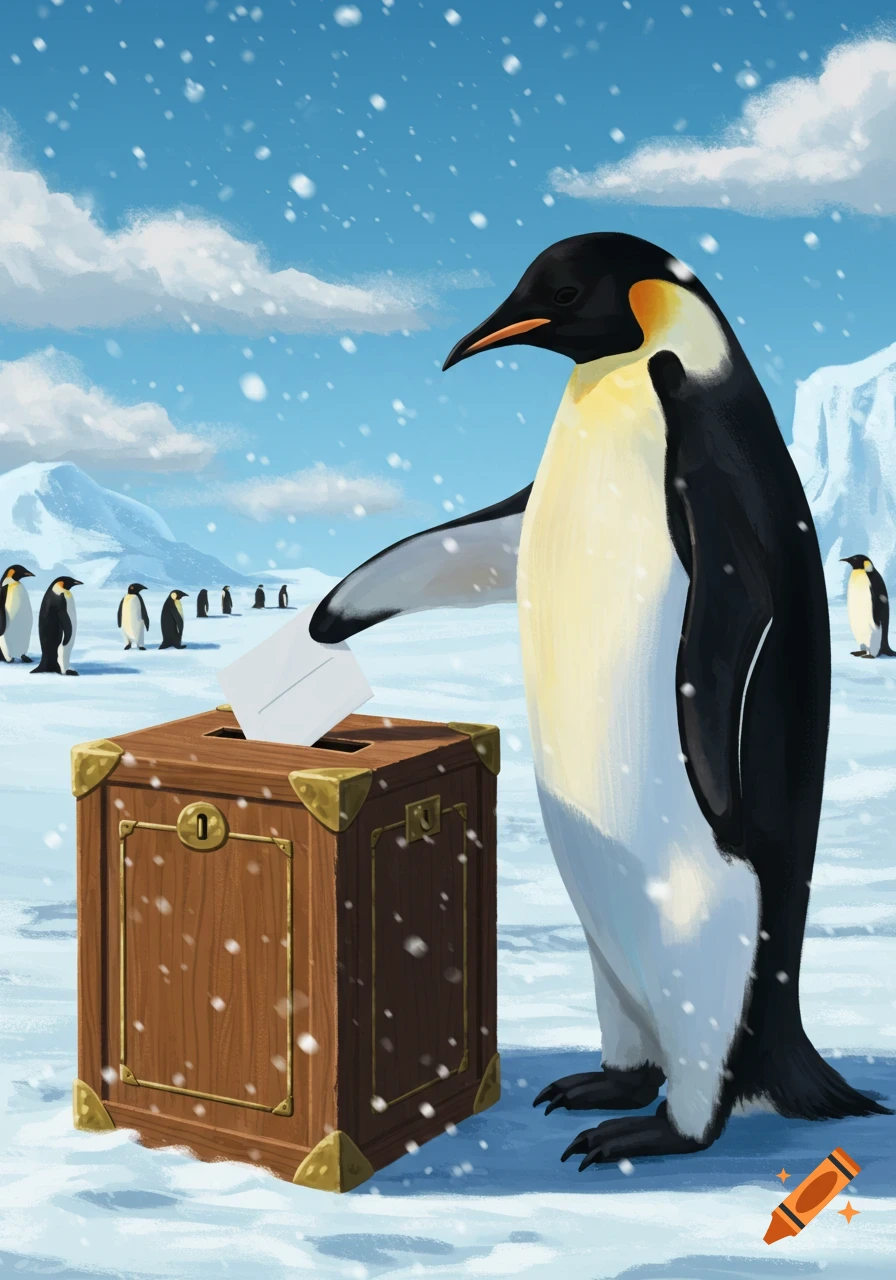 An emperor penguin places a ballot into a wooden ballot box in a snowy Antarctic landscape, with other penguins in the background, illustrated.