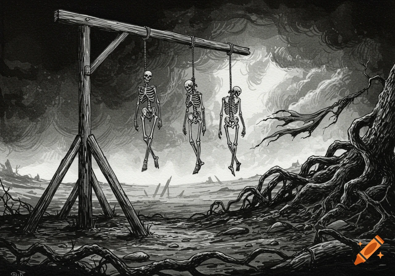 Ink style drawing of three skeletons hanging from a wooden gallows in a desolate, stormy landscape with gnarled roots.