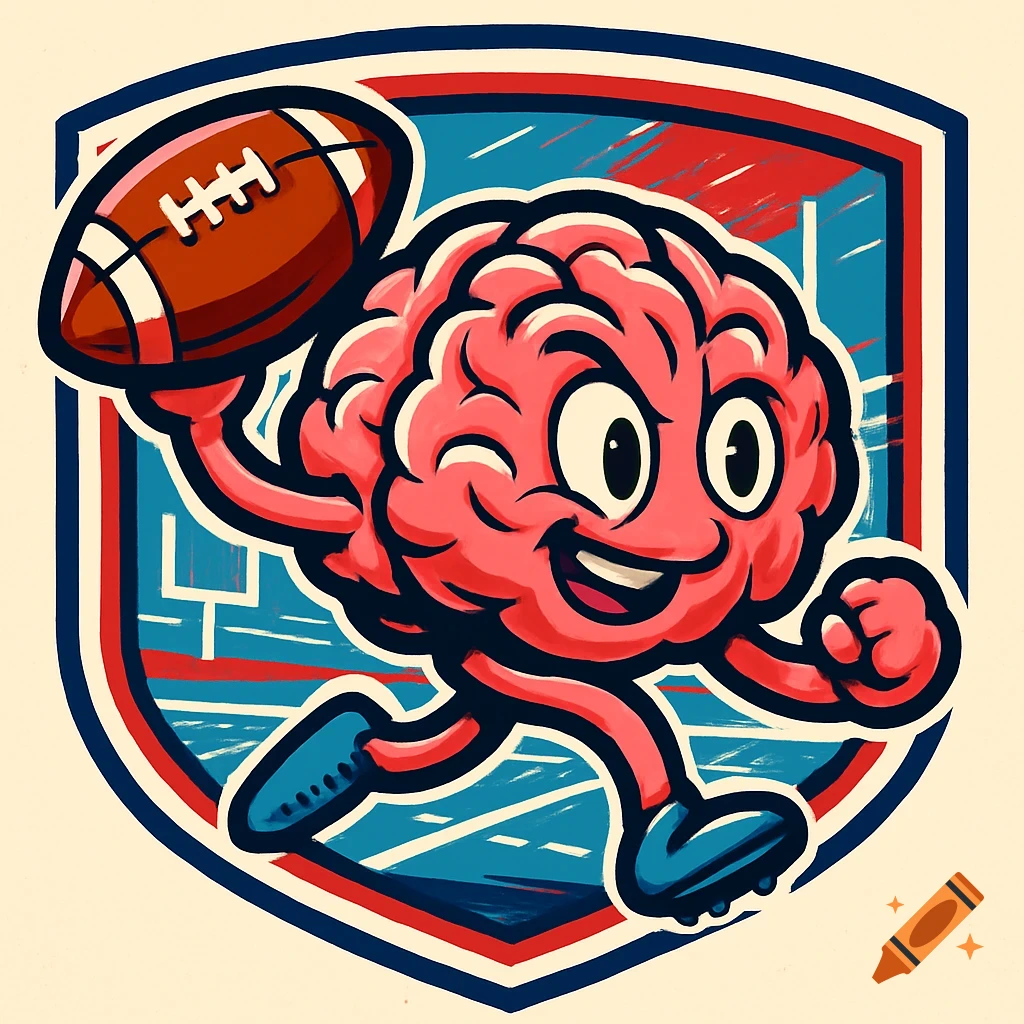 Cartoon brain running with an American football inside a shield logo, digital art style.