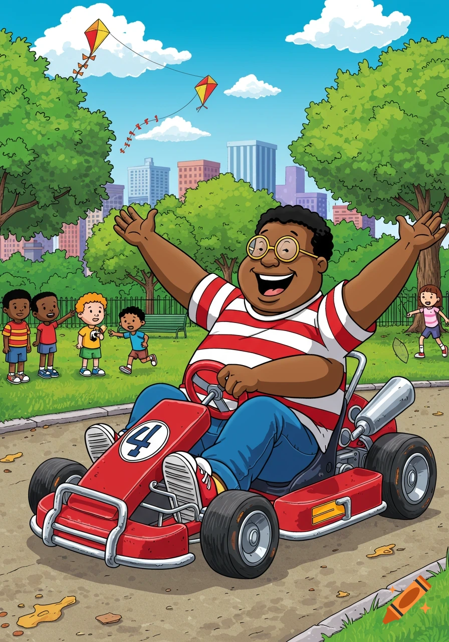 A jovial, bespectacled man resembling Fat Albert gleefully drives a red go-kart with the number 4 in a sunny park, surrounded by playing children and kites in the sky. Cartoon illustration.