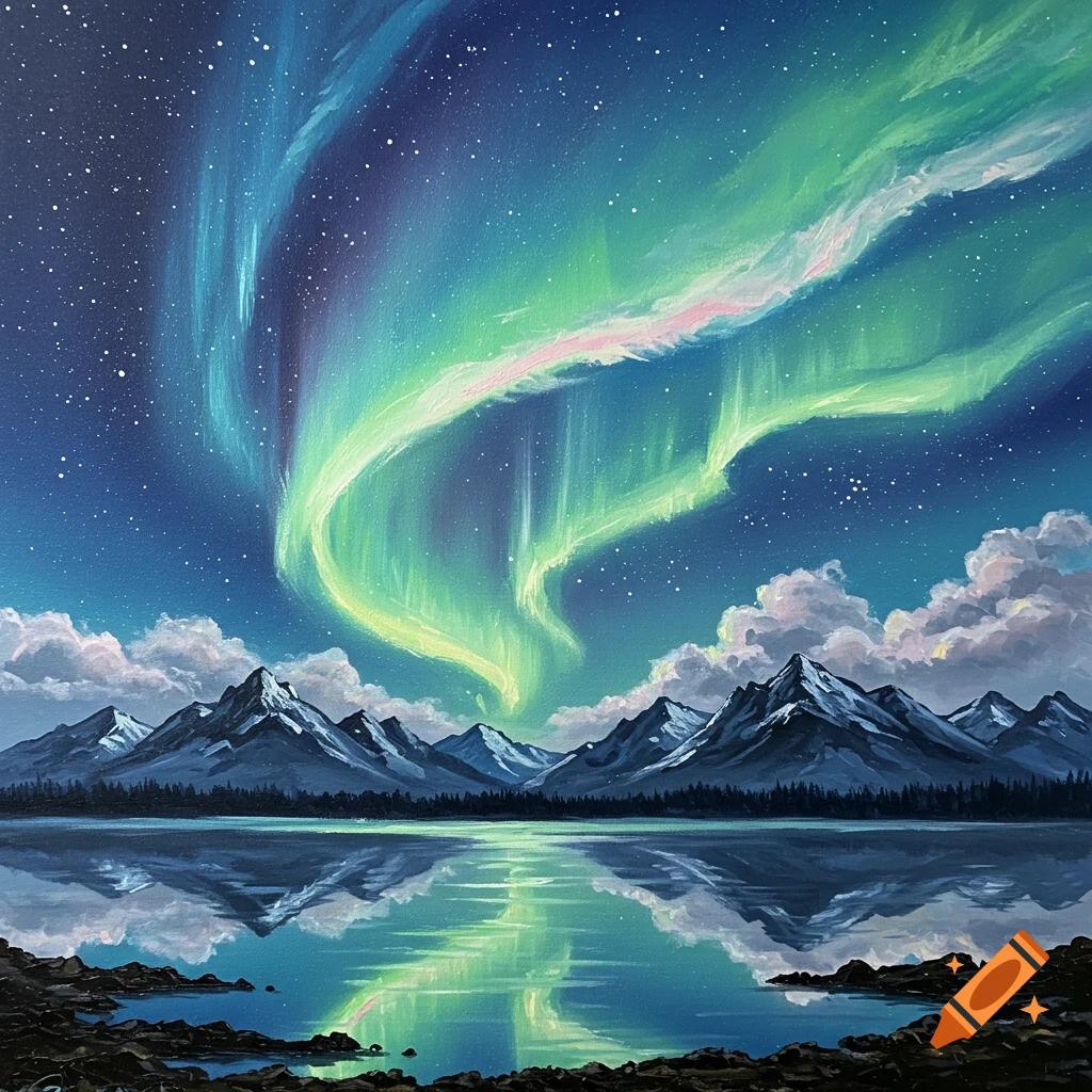 A vibrant painting of the aurora borealis over snow-capped mountains and a calm lake with reflections.