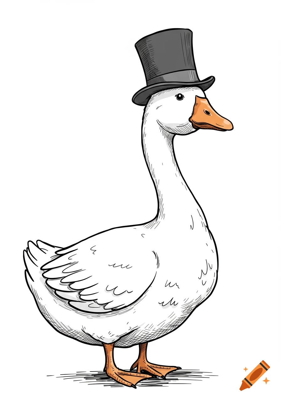 A drawing of a white goose wearing a gray top hat, standing against a white background.