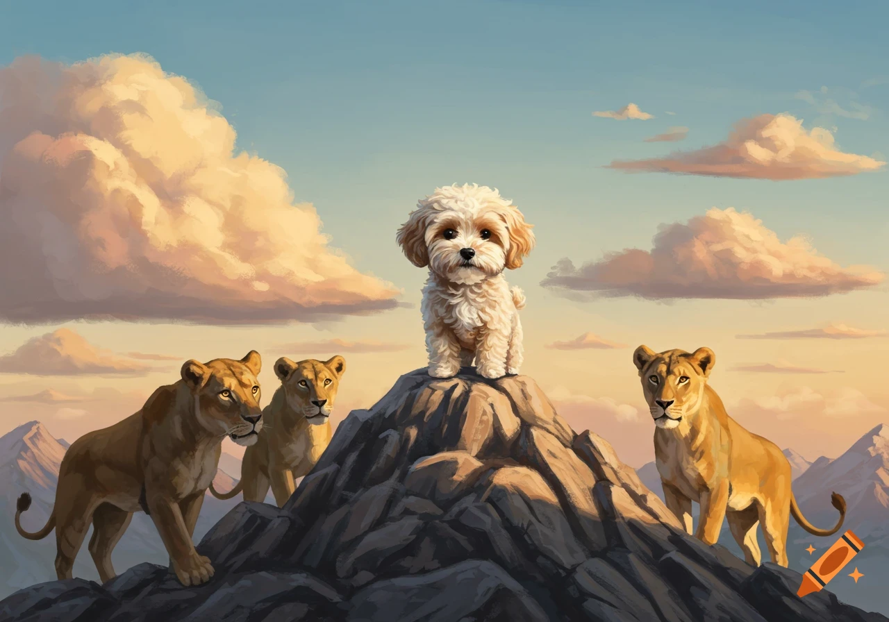 A fluffy maltipoo puppy stands on a rocky mountain peak, surrounded by four lions, with a colorful sunset sky.