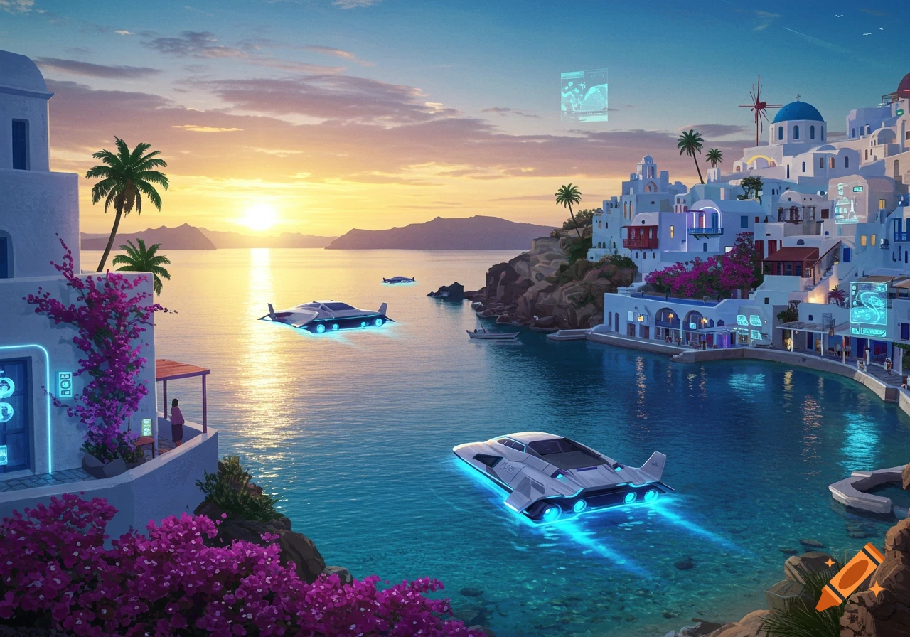 A vibrant futuristic Greek island village with white buildings, bougainvillea, and glowing hover boats on turquoise water at sunset.