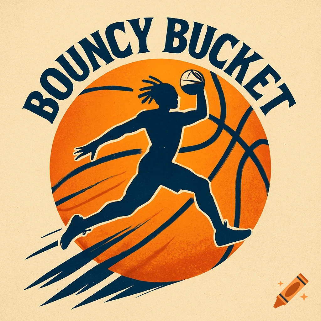 A stylized basketball logo features a dark silhouette of a person with twists dunking, set against a large orange basketball. The text "BOUNCY BUCKET" curves above.