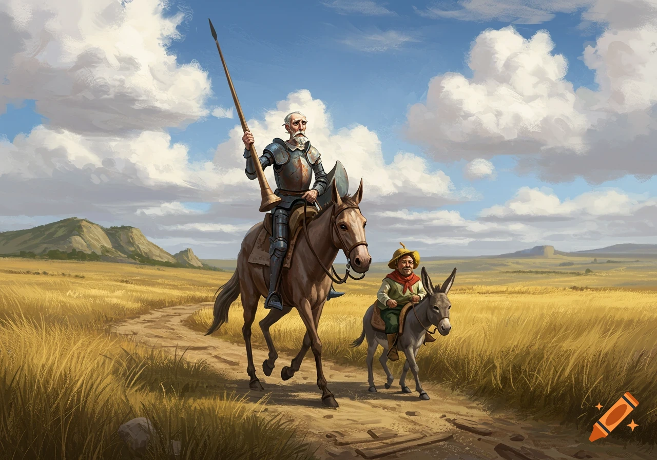 Don Quixote in armor on a horse with Sancho Panza on a donkey ride through golden fields, detailed illustration.