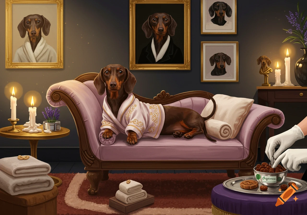 An illustrated brown dachshund in a white bathrobe relaxes on a pink chaise lounge in a luxurious spa room, with candles and dog portraits.