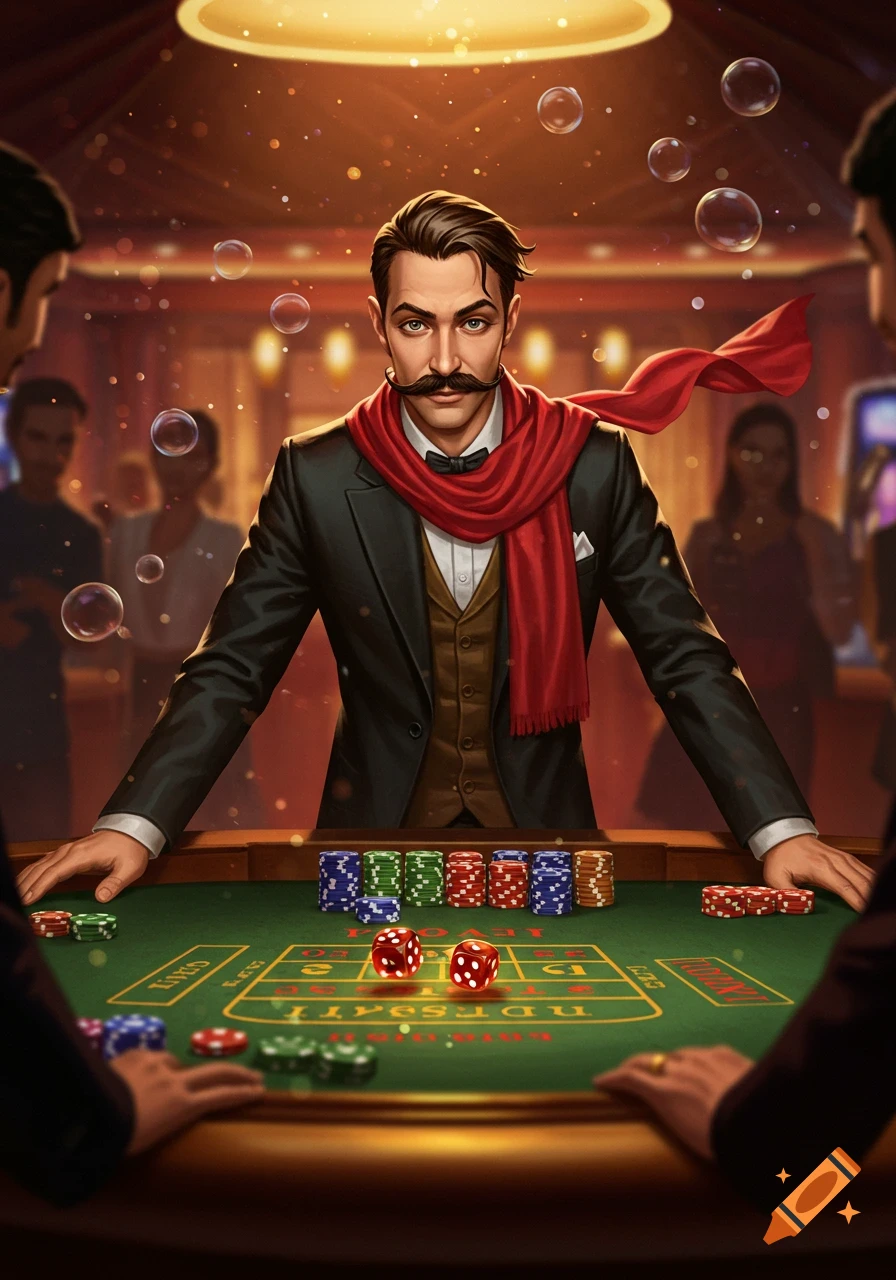 A man with a mustache and red scarf plays craps at a casino table, surrounded by chips and dice.