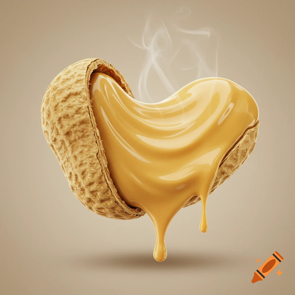 Photorealistic image of a peanut with a heart-shaped filling of melting peanut butter, dripping down.