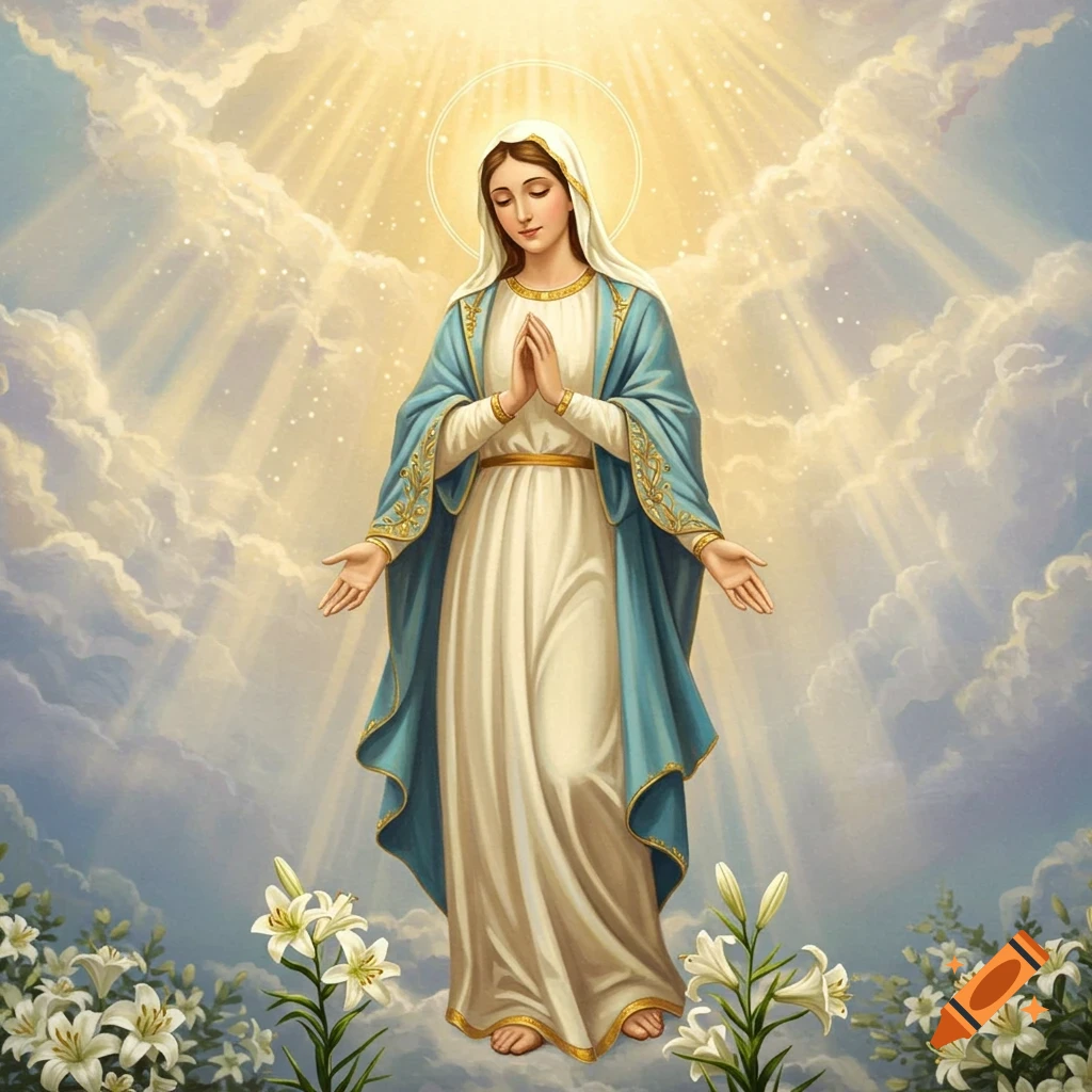 Illustrative depiction of the Virgin Mary standing among luminous clouds, hands in prayer, surrounded by white lilies.