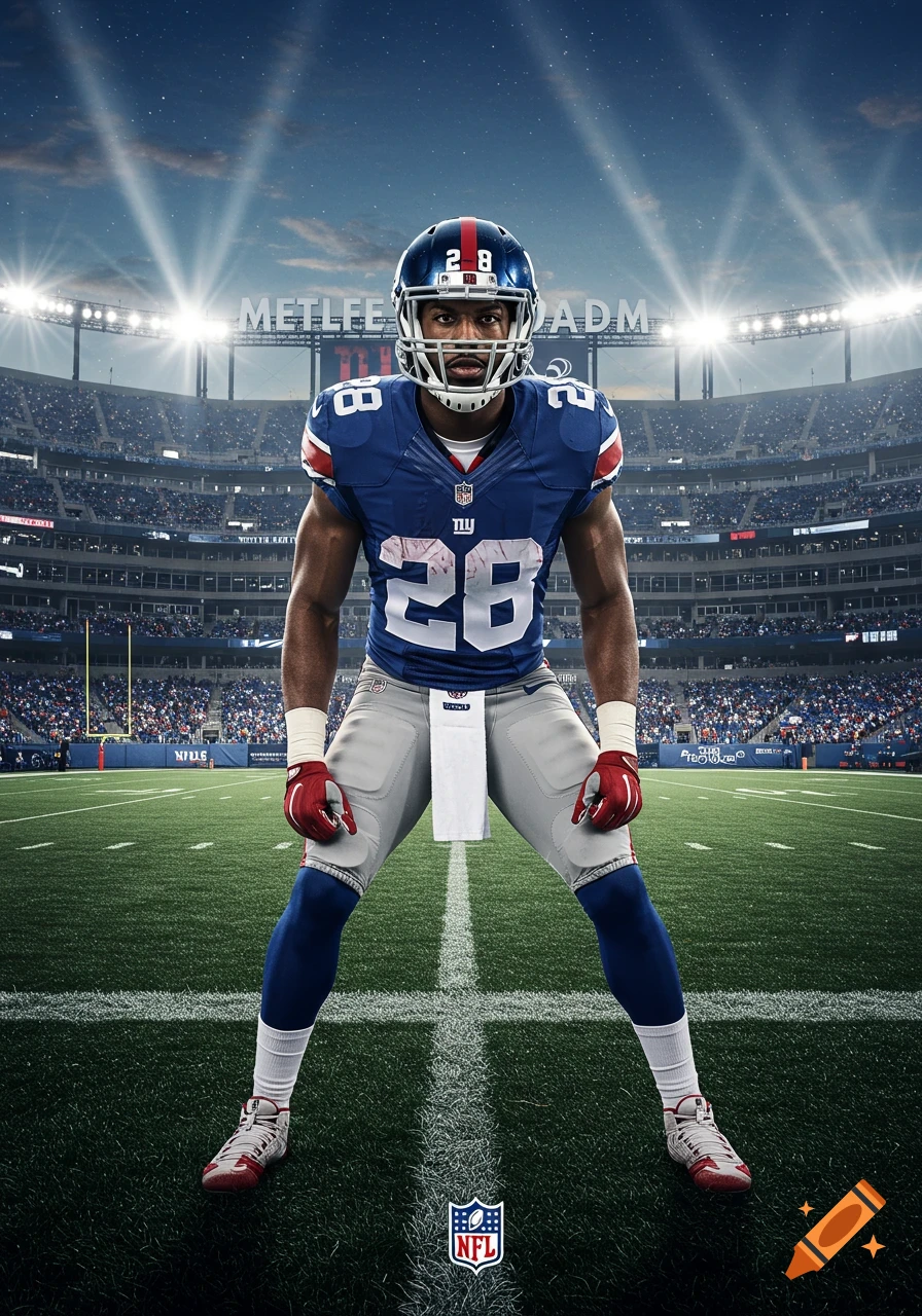 A photorealistic image of a New York Giants football player in uniform, number 28, in a stadium at night, ready for play. The NFL logo is at the bottom center.