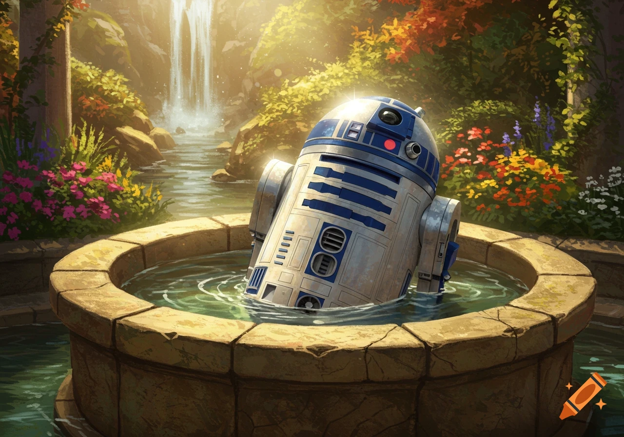 R2D2 robot submerged in a stone fountain in a lush, sunlit garden with a waterfall, rendered in a painterly style.