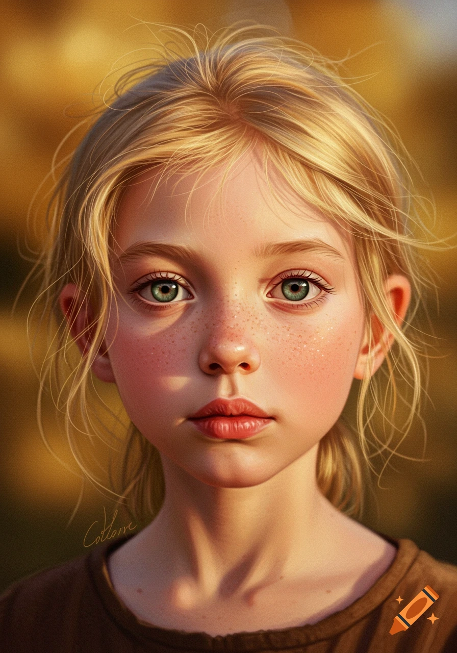 Close-up digital art portrait of a young blonde girl with green eyes and freckles.