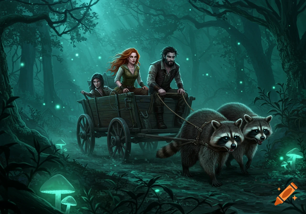 A red-haired woman, a bearded man, and a child ride a wooden cart pulled by two raccoons through a magical, glowing forest.