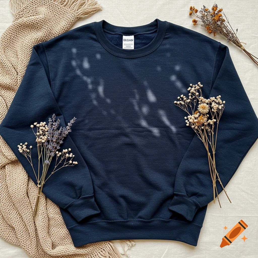 Flat lay of a navy blue Gildan sweatshirt with dried flowers and a beige knitted blanket on a light surface.