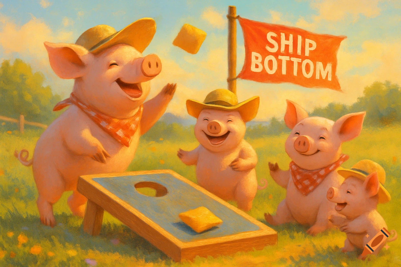 Four joyful cartoon pigs in straw hats and bandanas play cornhole outdoors, with a red flag reading 'SHIP BOTTOM' in the background.