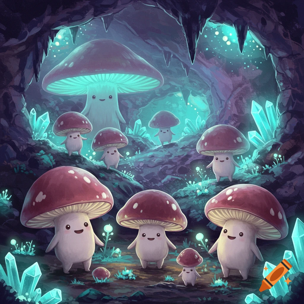 Cute, anthropomorphic mushrooms with happy faces and red caps stand in a glowing, crystal-filled underground cave, lit by ethereal blue light.