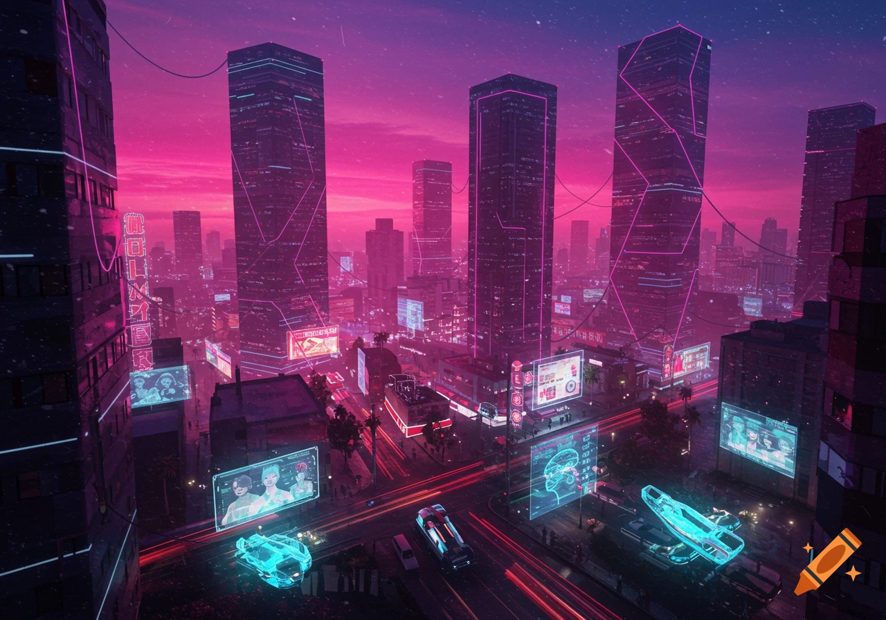 A vibrant cyberpunk city at dusk with neon-lit skyscrapers, holographic billboards, and glowing flying vehicles.