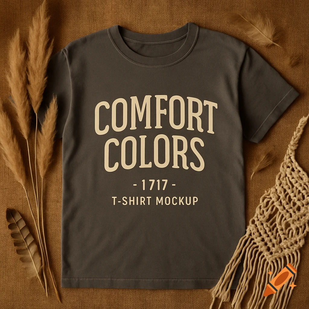 Flat lay of a dark gray t-shirt mockup with 'Comfort Colors' text, styled with pampas grass, feathers, and macrame on a brown background.