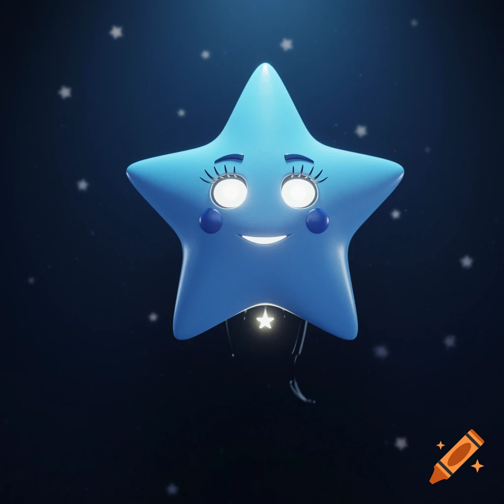 A cute, smiling blue animated star with large white eyes and eyelashes floats against a dark blue starry background.