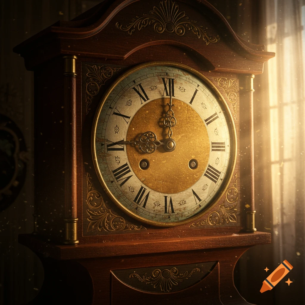 A detailed, atmospheric close-up of an ornate wooden grandfather clock with a brass face and Roman numerals, bathed in golden light from a window.