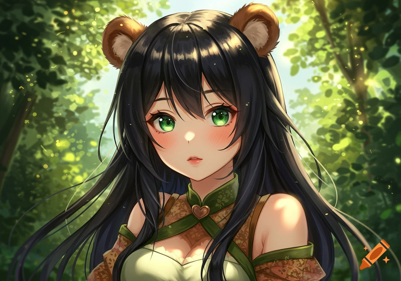 Anime girl with bear ears, black hair, and green eyes, posing in a sunlit forest.