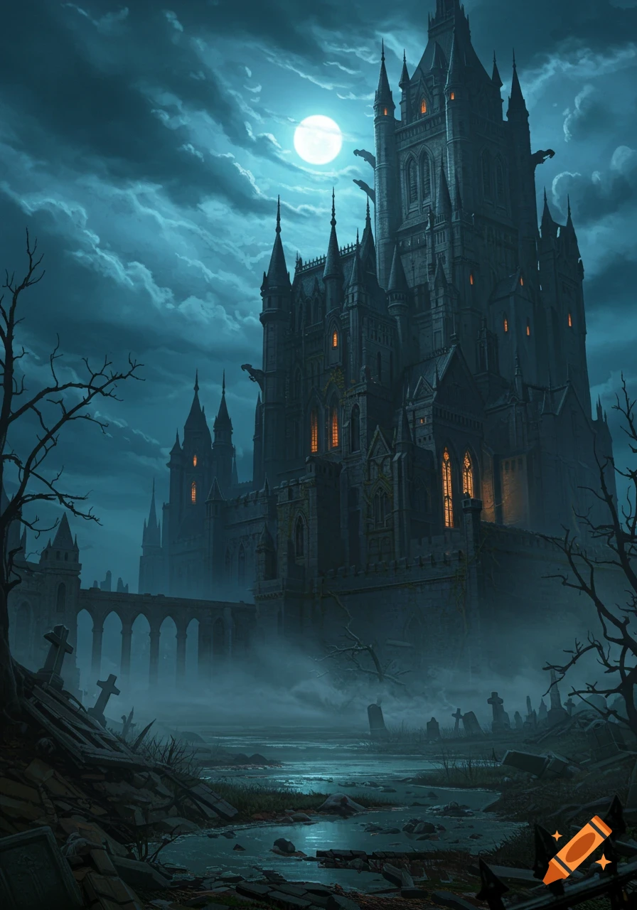 A towering, dark gothic castle under a bright full moon, with a misty graveyard and desolate landscape in the foreground.