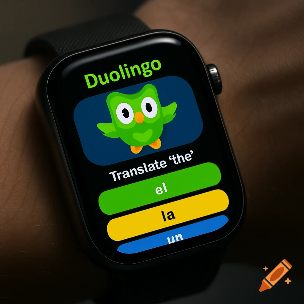 Close-up of an Apple Watch on a wrist, displaying the Duolingo app with the green owl mascot and a Spanish translation question.
