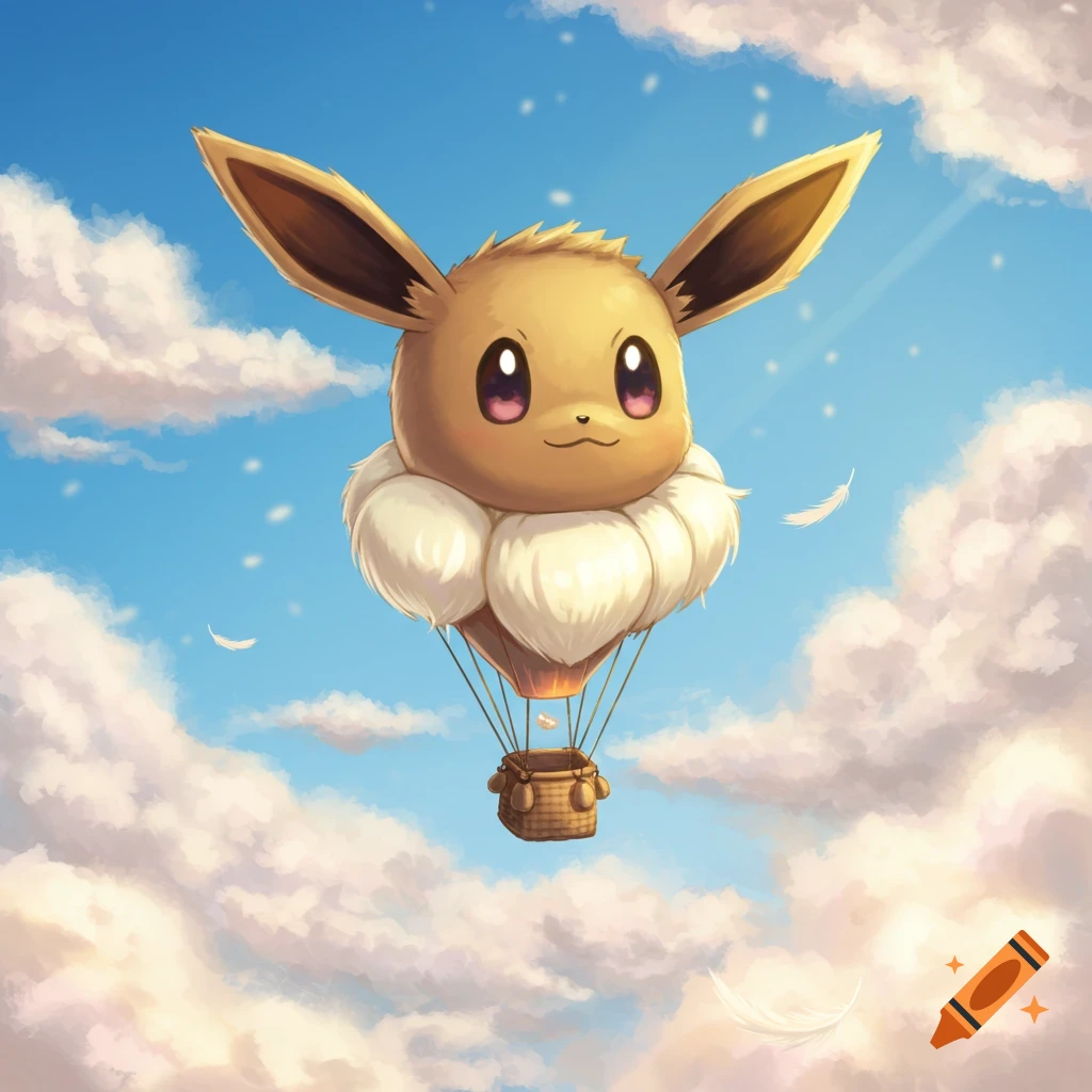 A cute Eevee's head is a hot air balloon floating among clouds in a blue sky, with white feathers drifting nearby.