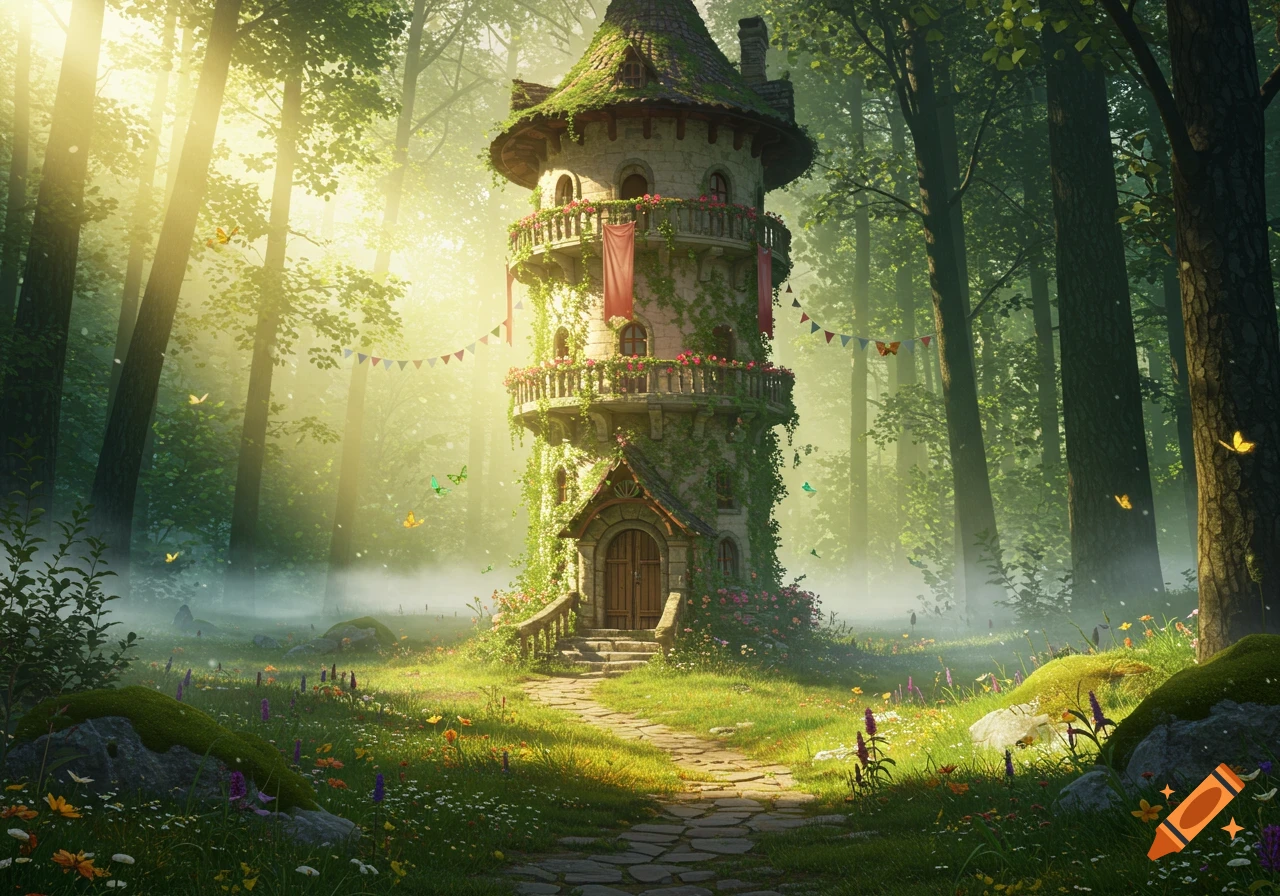 A whimsical, vine-covered fairytale tower with balconies and banners stands in a sun-dappled, misty forest with butterflies and wildflowers.
