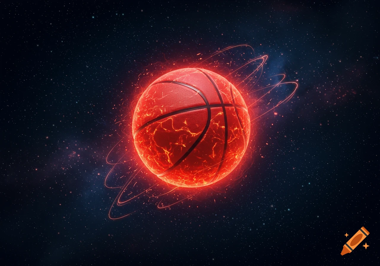 A red, glowing, fiery basketball resembling a star in dark, starry outer space with wispy red trails.