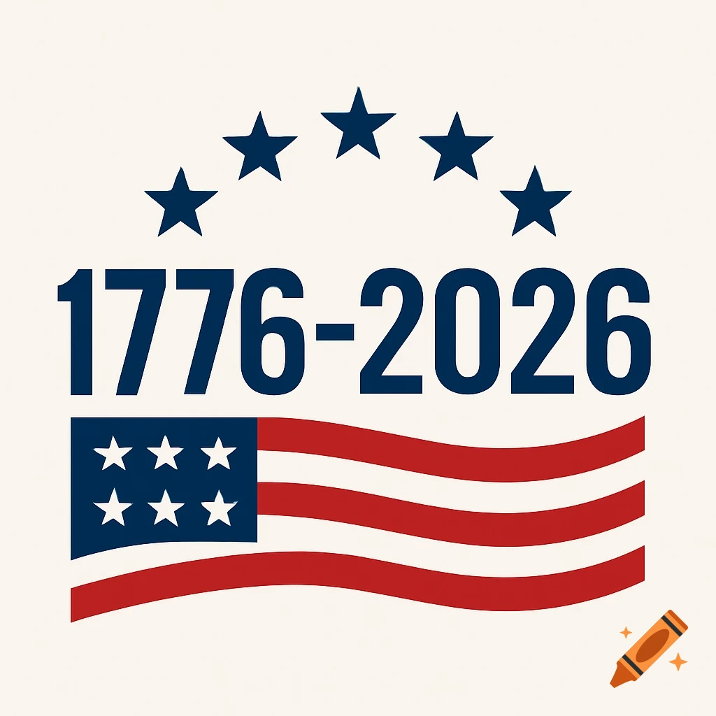A patriotic logo featuring an American flag, five blue stars, and the text '1776-2026' on a white background.