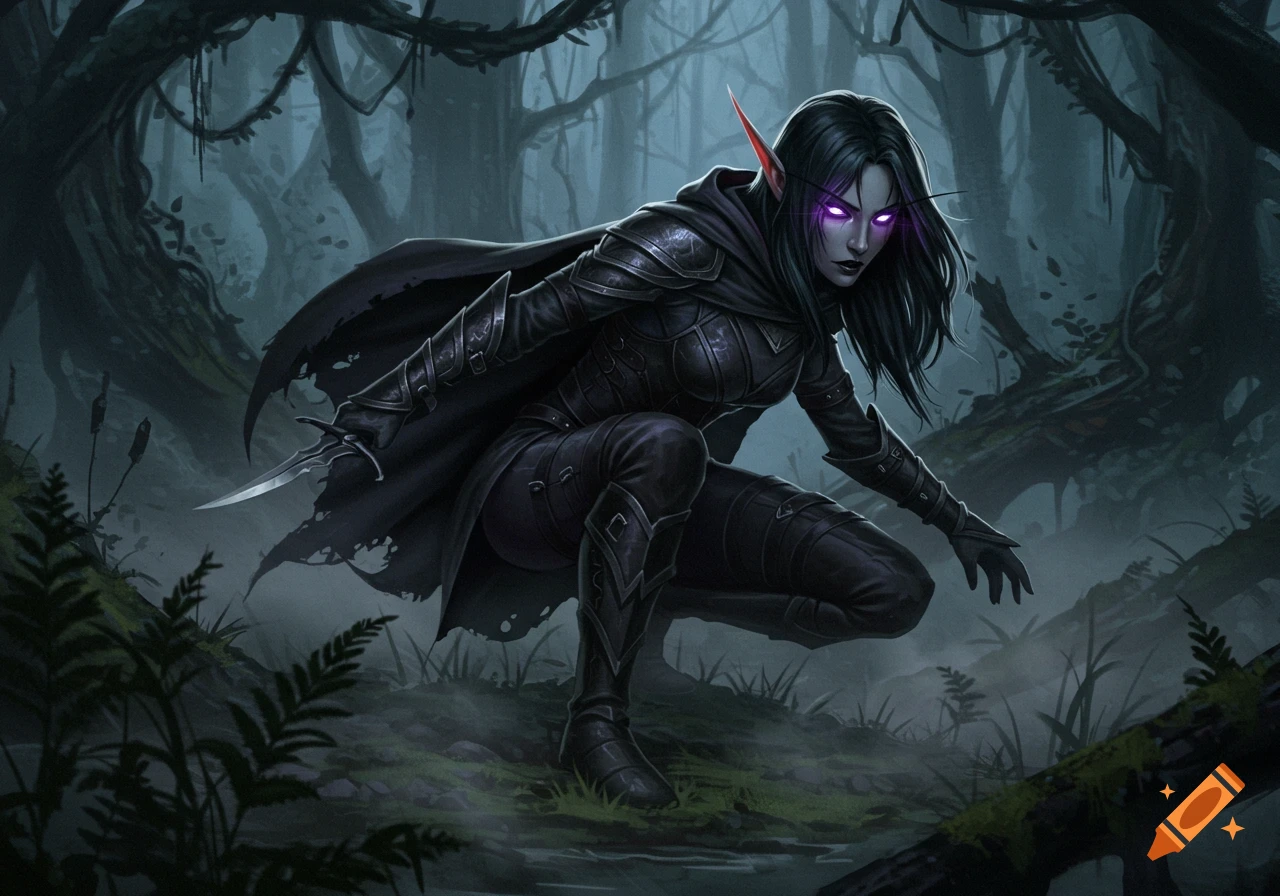 A dark elf rogue in black armor with glowing purple eyes crouches in a misty fantasy forest, holding a dagger.